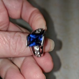 Sapphire Ring. created blue and white sapphire bridge ring. 925 sterling silver.
